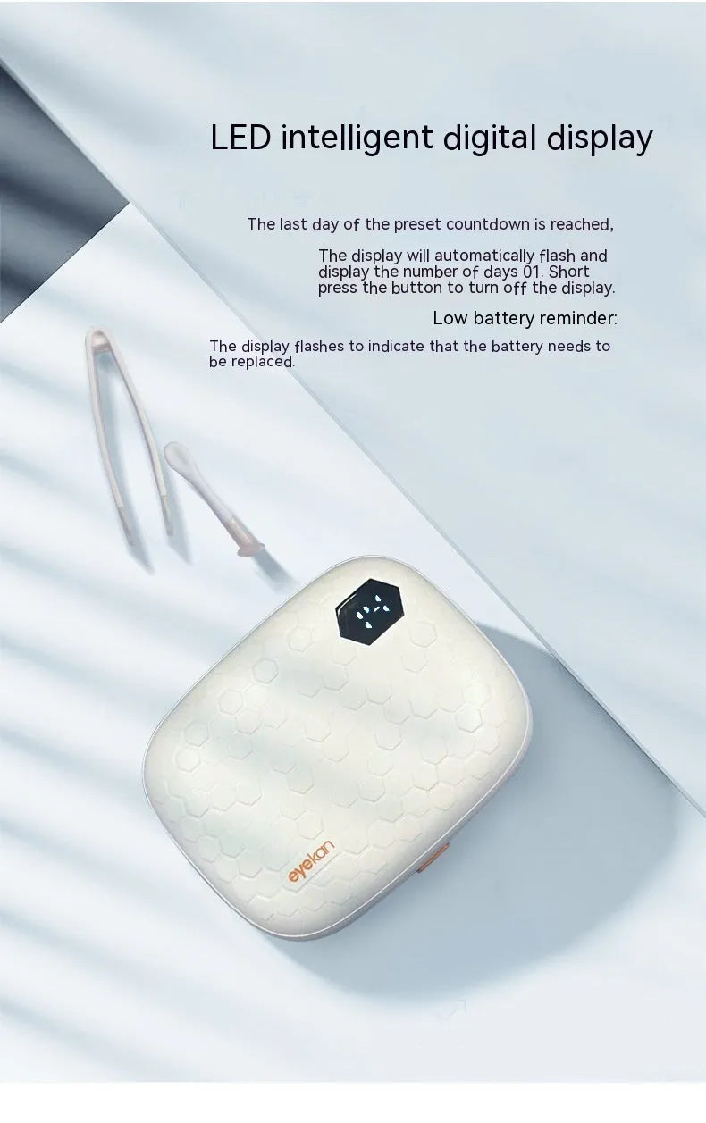 Automatic ultrasonic cleaning machine for glasses in blue, pink, or pearl white.