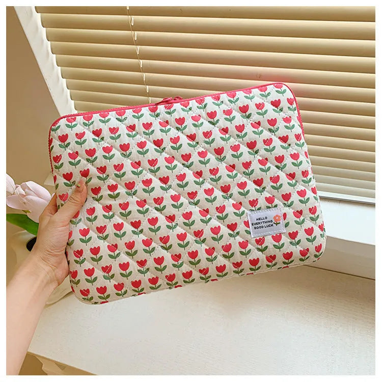 Women's printed cloth laptop bag with floral pattern showing anti-shock protection and storage compartments