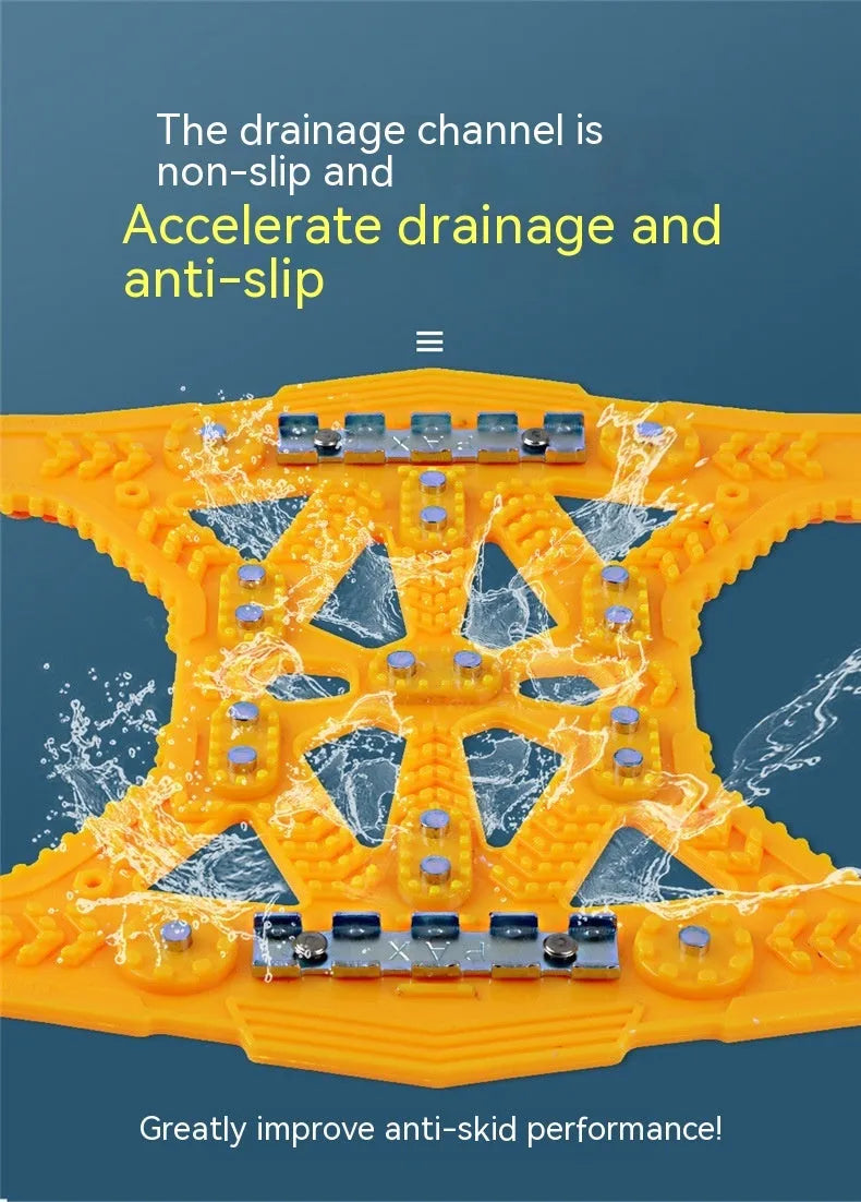 Universal car and SUV anti-skid chain with steel plates, snow shovel, and tools in black or yellow.