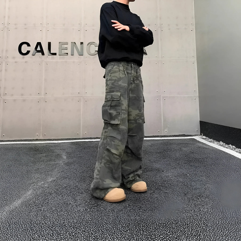 American vintage washed camouflage cargo pants with multiple pockets on a mannequin.
