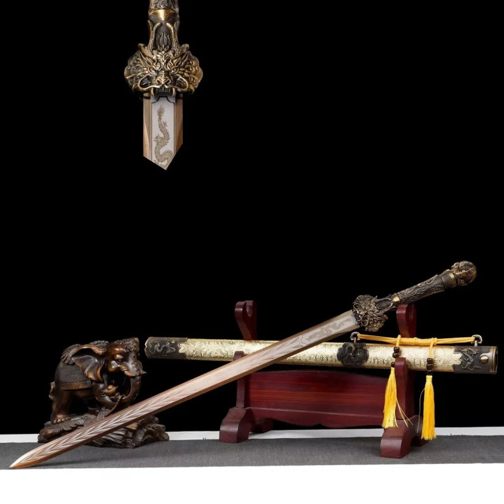 Long style unsharpened high manganese steel Chinese sword 102cm overall with wood and leather scabbard