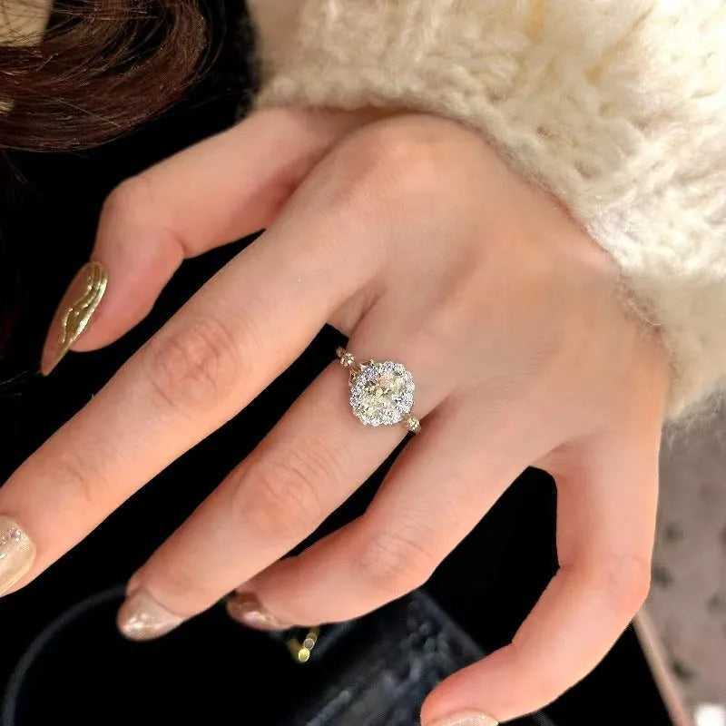 Silver geometric big diamond statement ring with adjustable opening for women