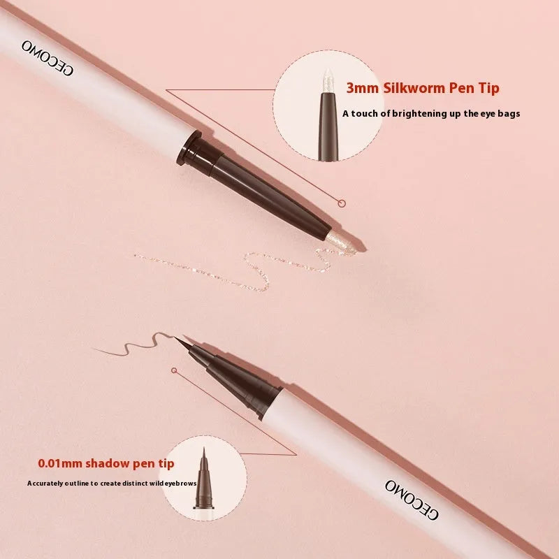 Double-headed silkworm pen eyeliner with pearlescent floating platinum and nude apricot colours