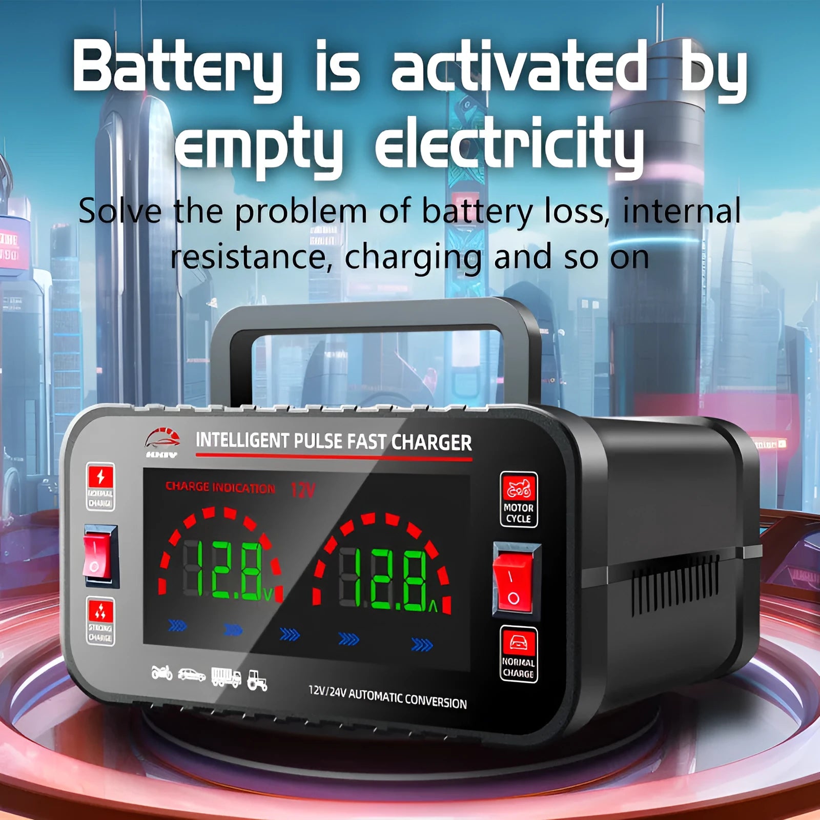 Full-automatic intelligence motorcycle car battery charger black with UK plug for lead acid batteries