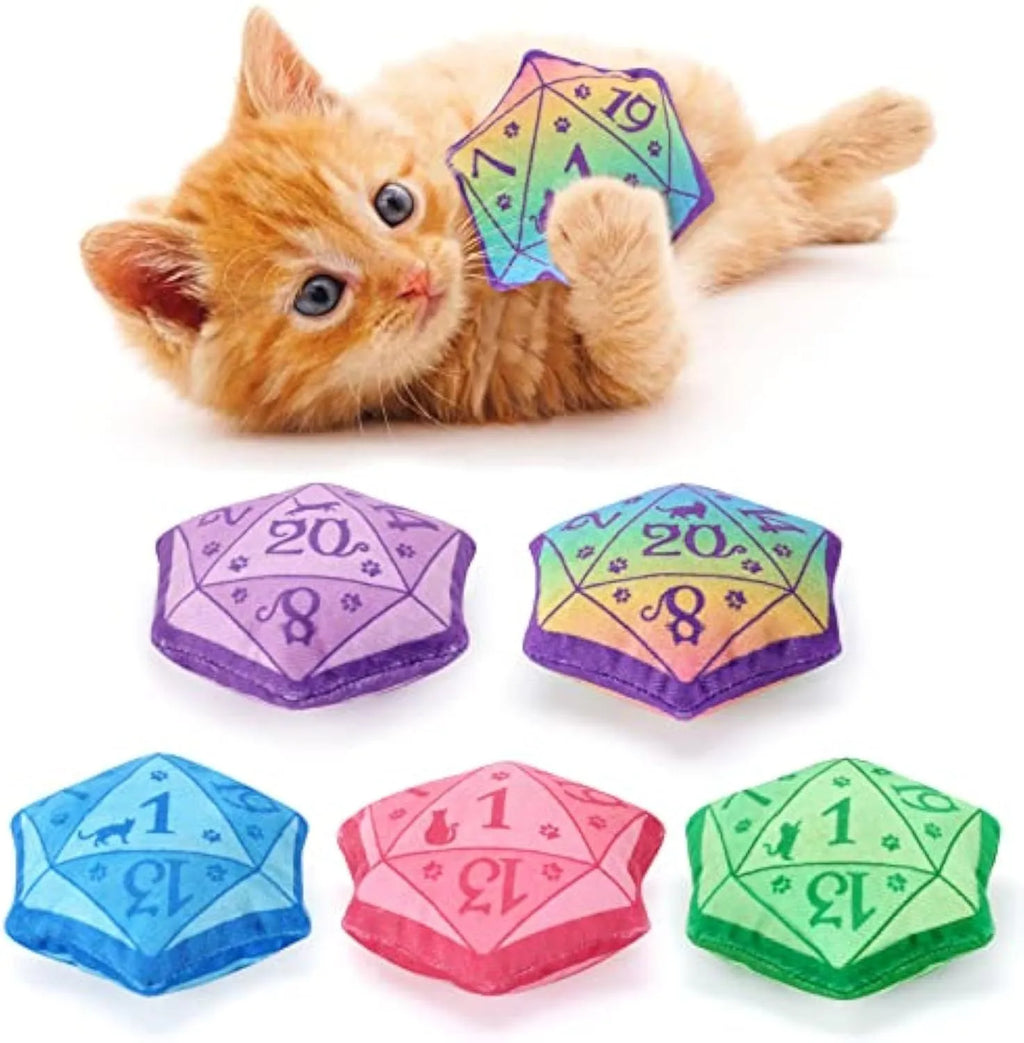 Blue dice-shaped plush cat toy with organic catnip filling for role playing games