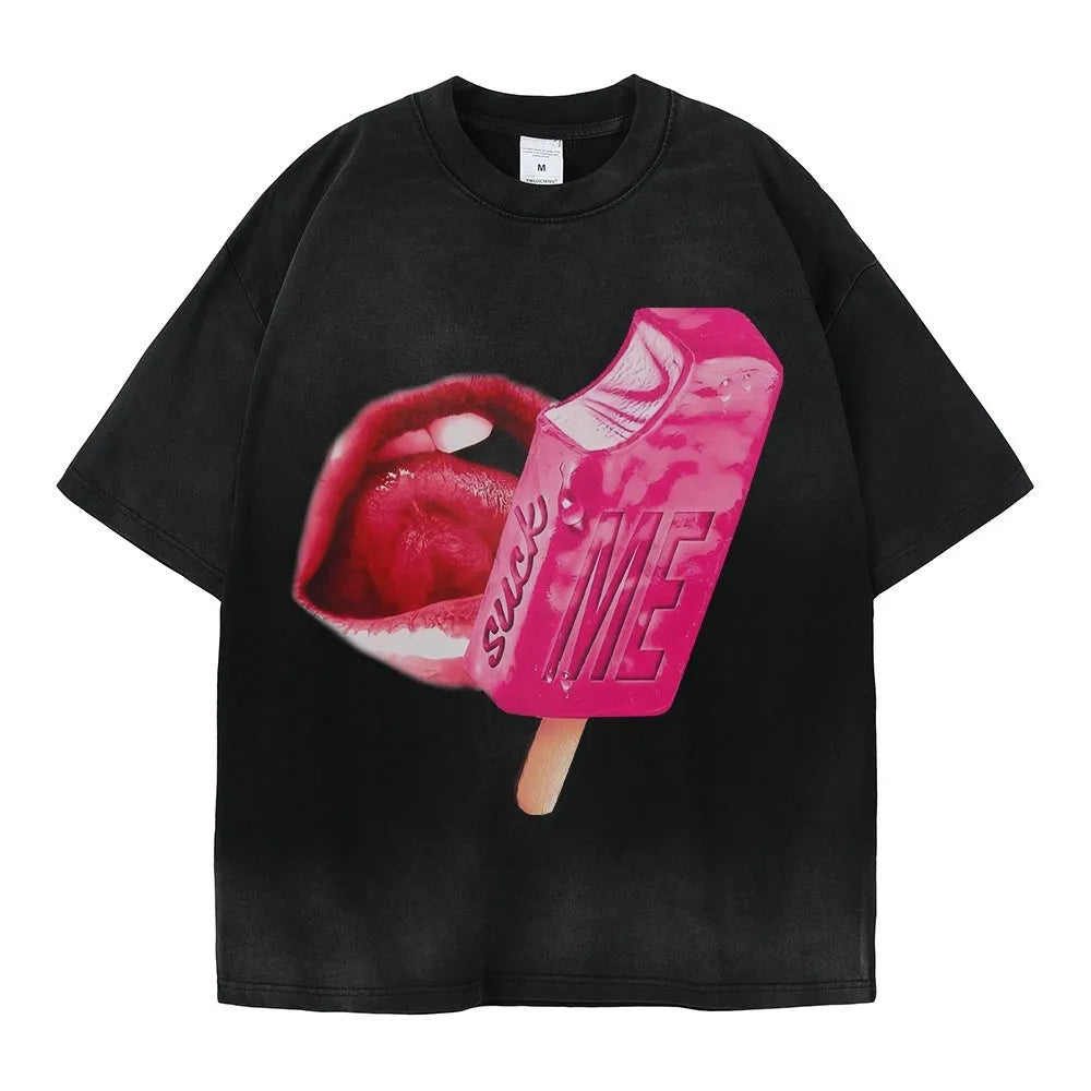 A loose-fit short-sleeved T-shirt with a cartoon print, shown in a heavy washed cotton fabric.