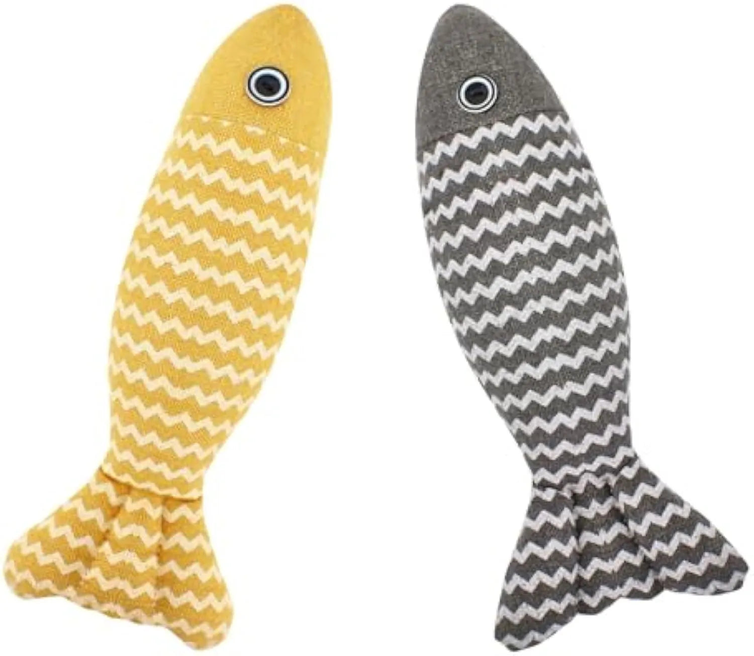 Three catnip fish toys in coffee, gray, and yellow for indoor cat self-play