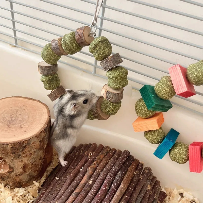 Hamster toy with ring, straw balls and applewood chew rod for small pets