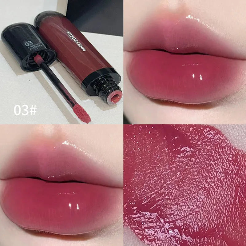 Mirror Lip Paint lacquer tube in six dark berry and tomato red shades for glossy, durable wear.
