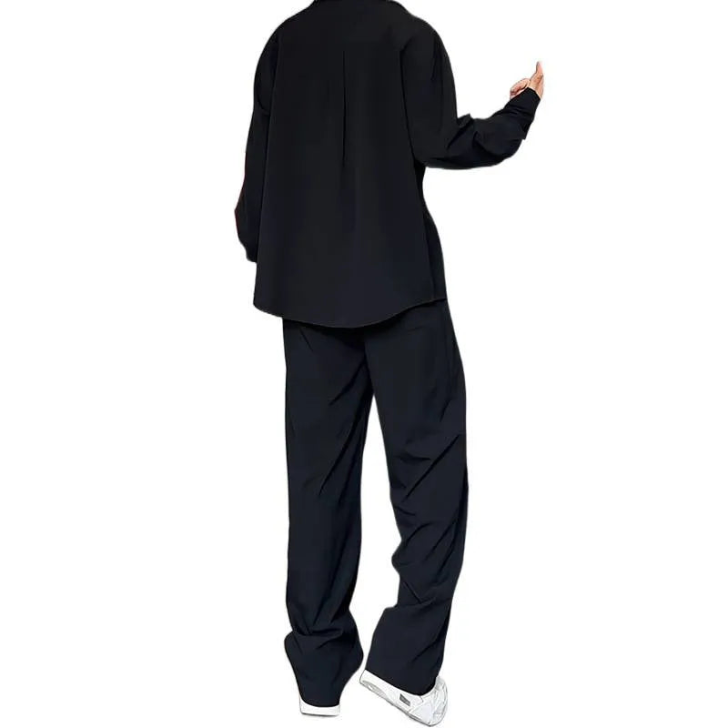 Men's black long sleeve polo shirt and trousers two-piece casual suit on hanger