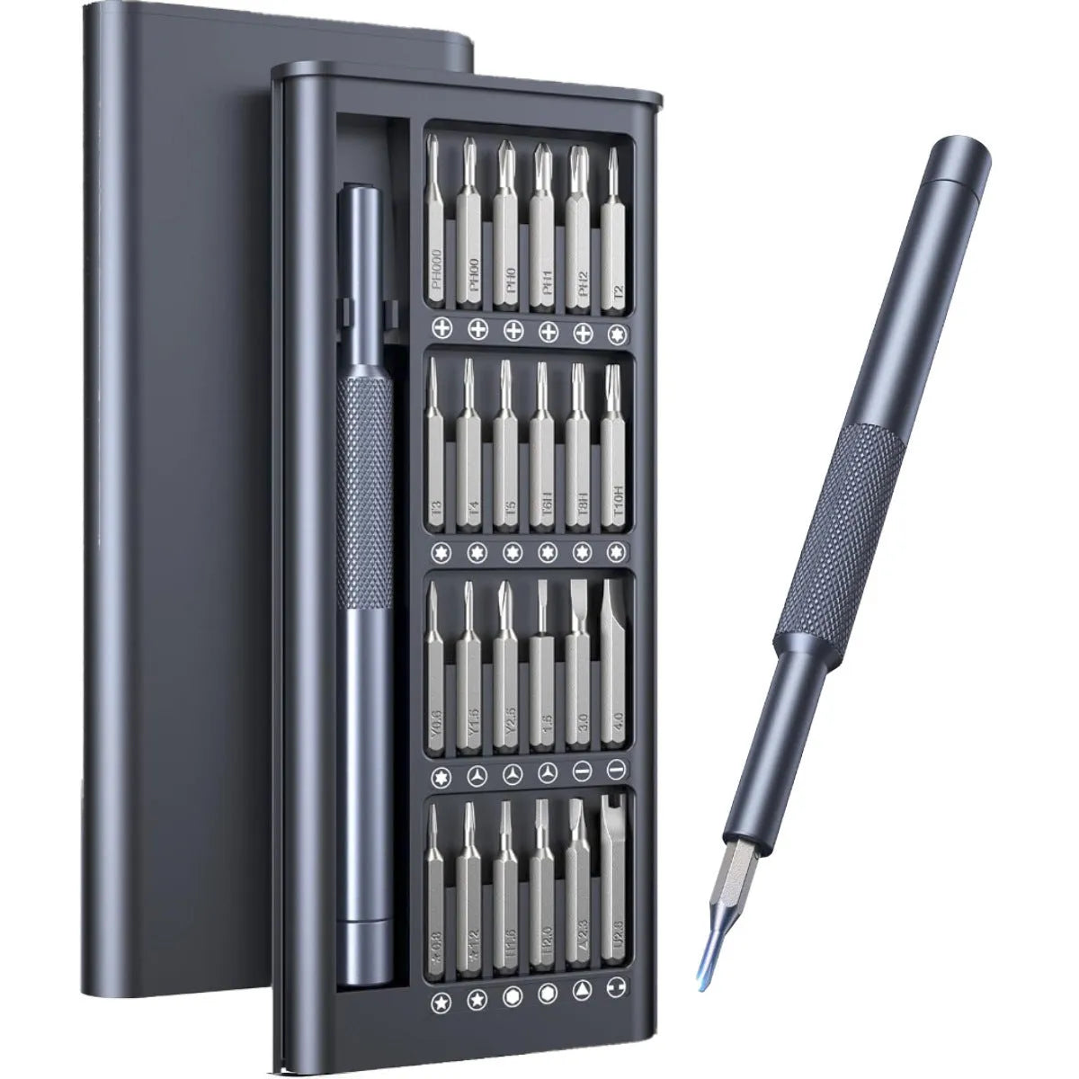 25-in-one magnetic precision screwdriver set with knurled black handle and chrome vanadium steel bits