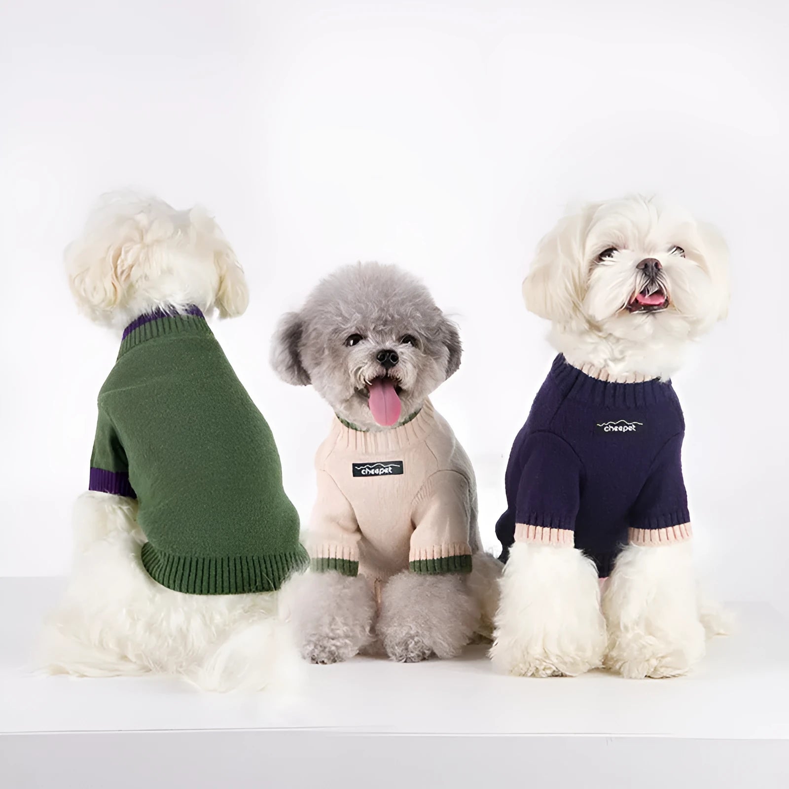 A Crown Blue two-leg pet sweater for a dog, made from wool blend fabric.