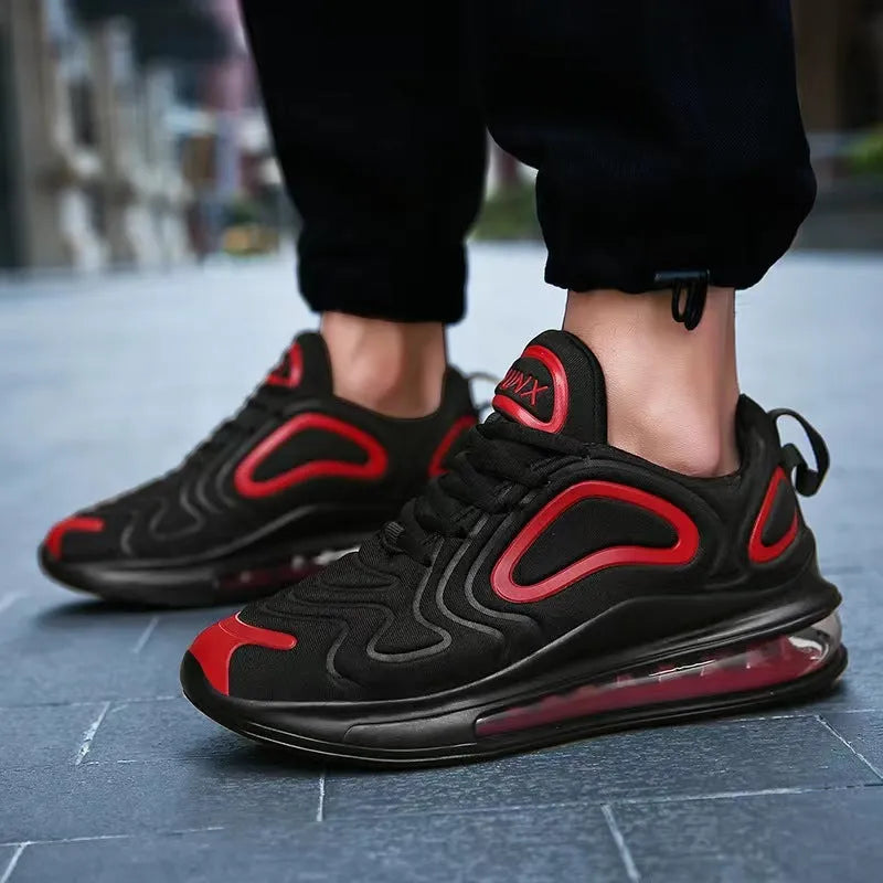 Men's black casual sneakers with air cushion technology and thick sole design