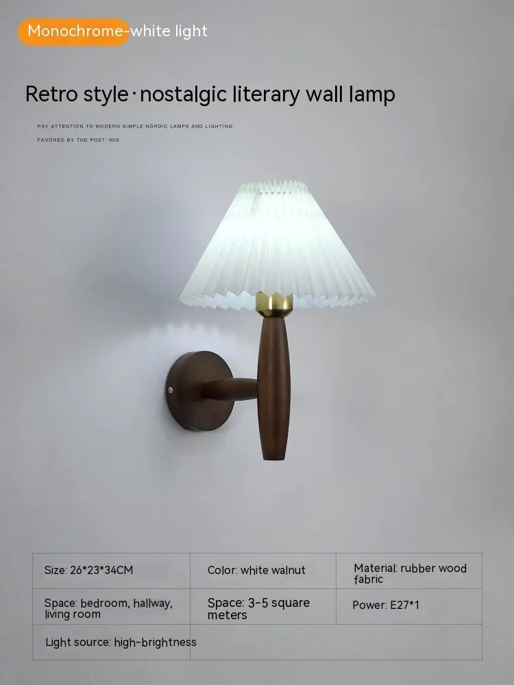 American retro style wall lamp with fabric shade on solid rubber wood mount