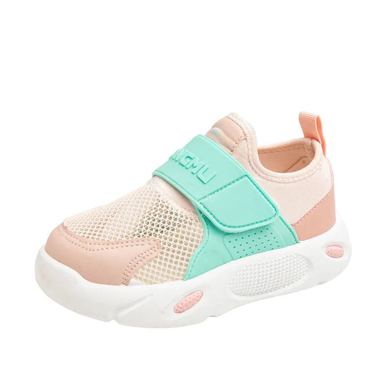 Children's slip-on shoes with soft rubber sole and PU upper in blue green colour on white background