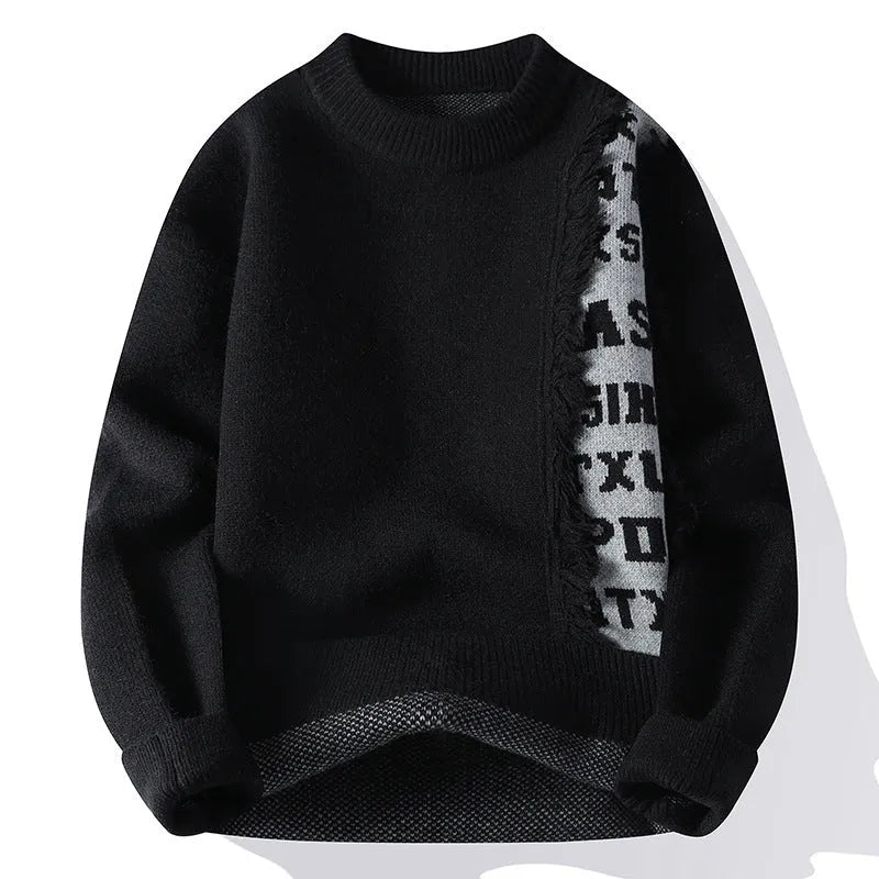 Men's loose grey knitted pullover jumper with ribbed hemline, long sleeves, and a rabbit fur blend fabric.