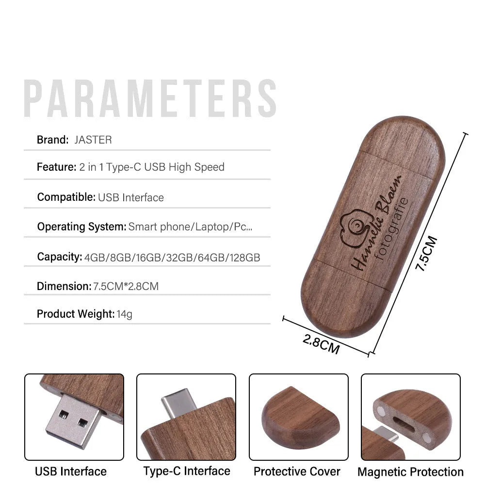 Carved wooden USB flash drive with phone ornament in various wood finishes