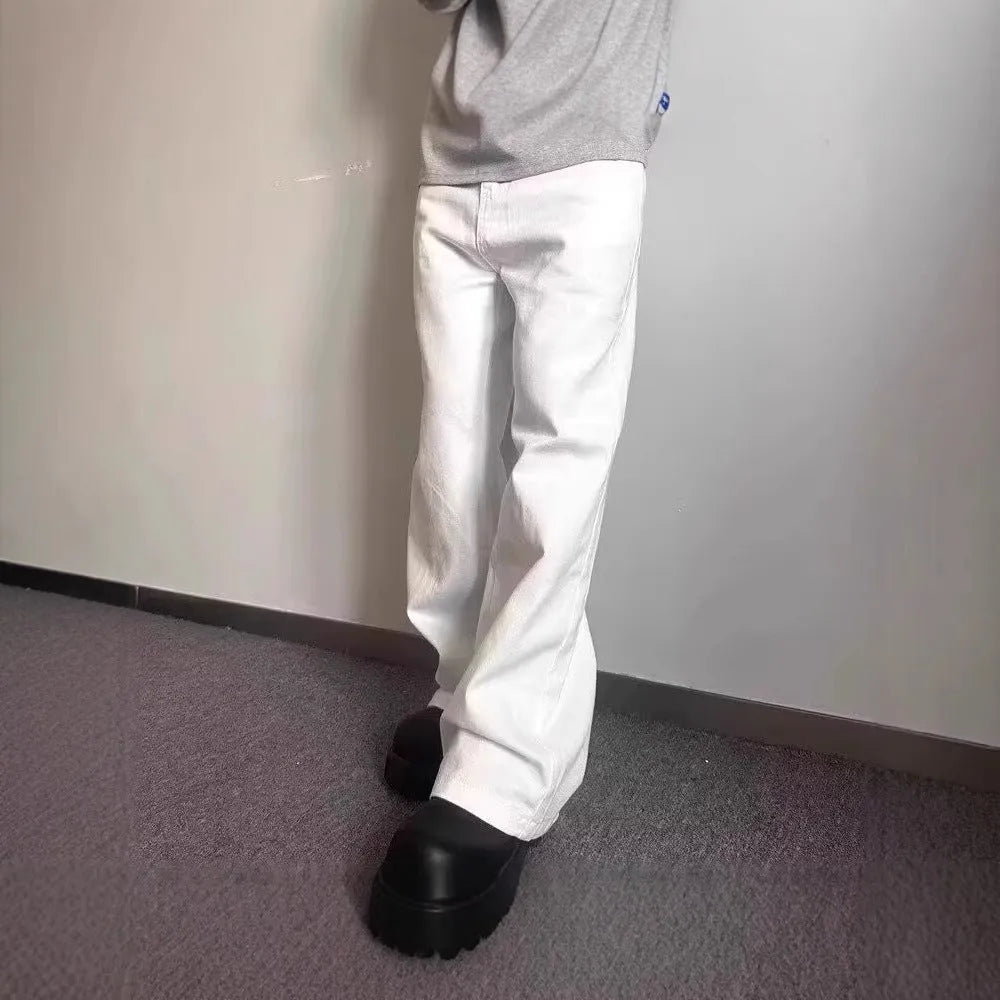 Men's white straight leg jeans with loose fit and mid waist design