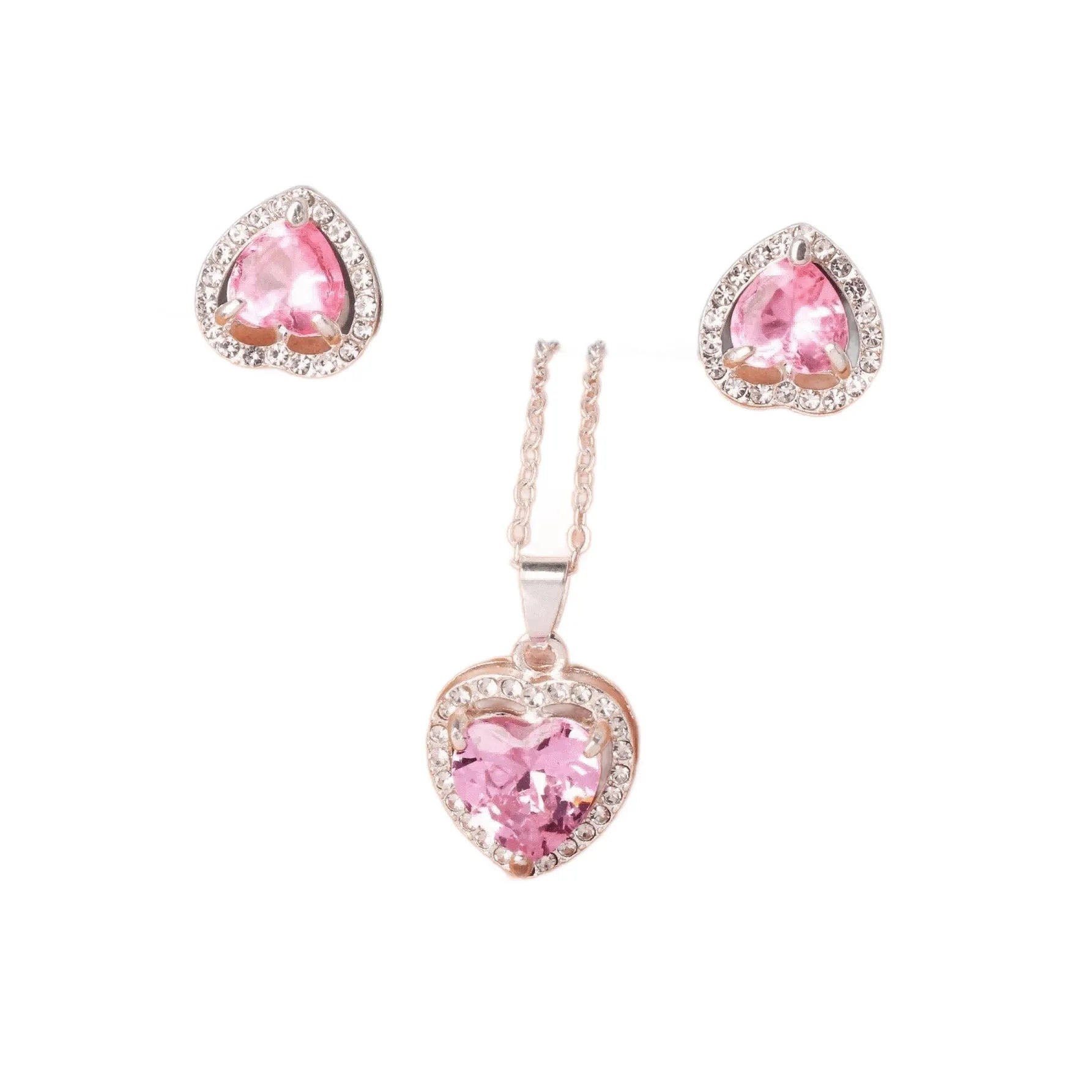 Pink crystal zircon heart-shaped pendant dangle drop earrings set on white background