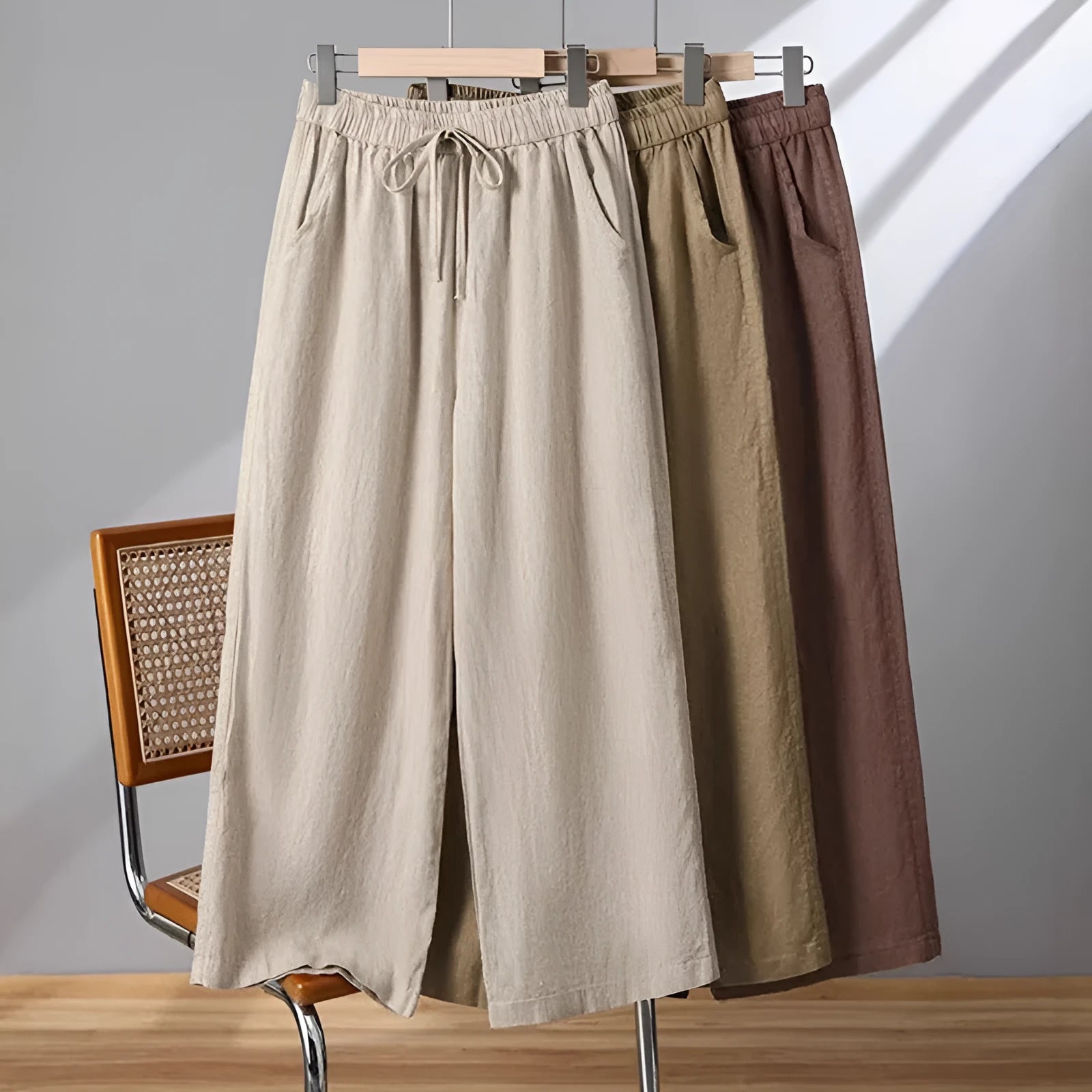 Women's straight-leg casual trousers with drawstring elastic waist in apricot, khaki, brown or black