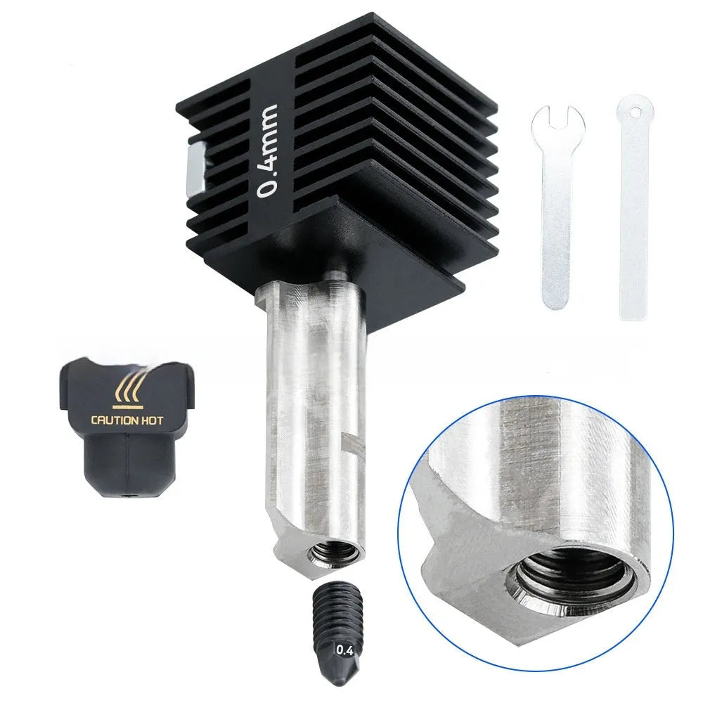Bambu Lab A1 Mini 3D printer hot end assembly with black silicone sleeve and hardened steel nozzle.