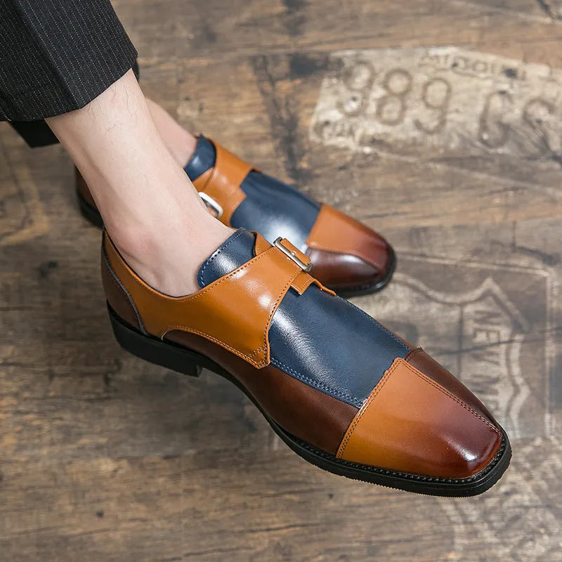 Men's British style leather shoes with retro buckle in brown blue and black colours