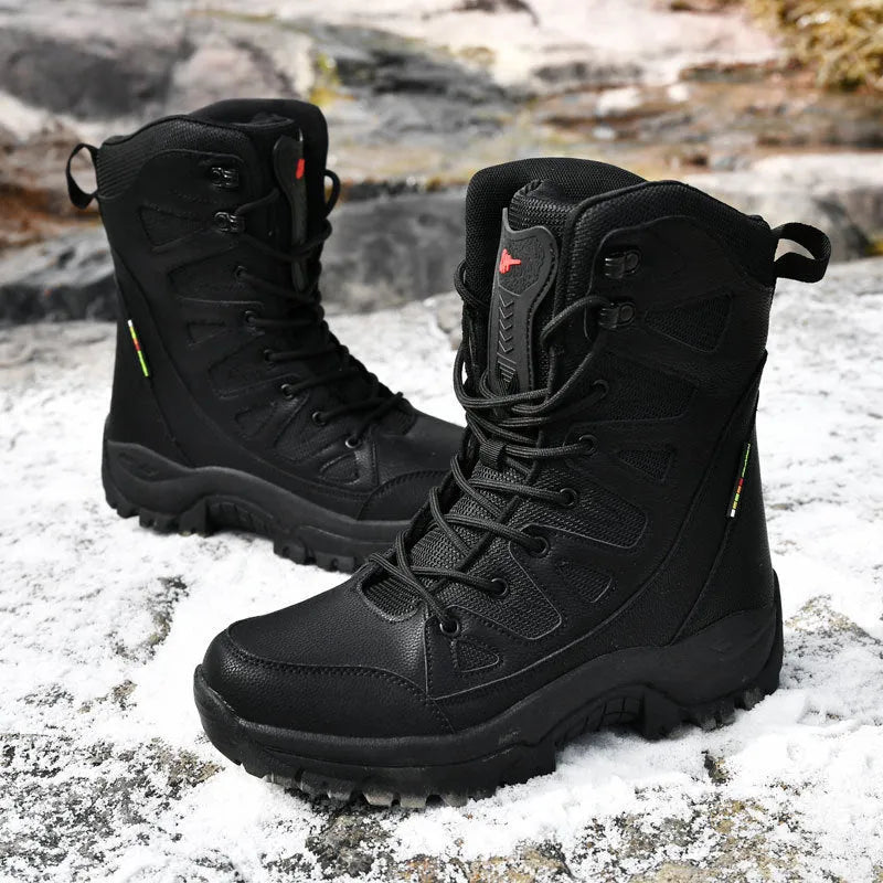 Men's cowhide hi-top hiking shoes in beige, a platform sneaker for outdoor climbing and camping.