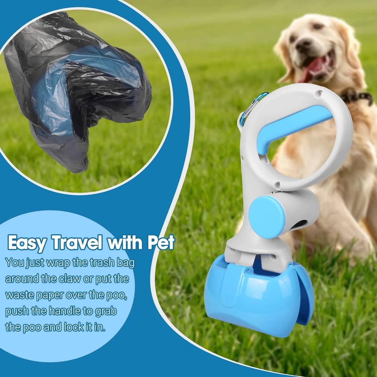Heavy-duty ABS plastic pet pooper scooper with integrated trash bag holder in black, blue, red, or yellow.