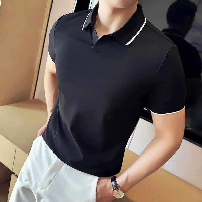 Men's short sleeve polo shirt in mercerized cotton blend fabric with lapel collar, shown in multiple colour options
