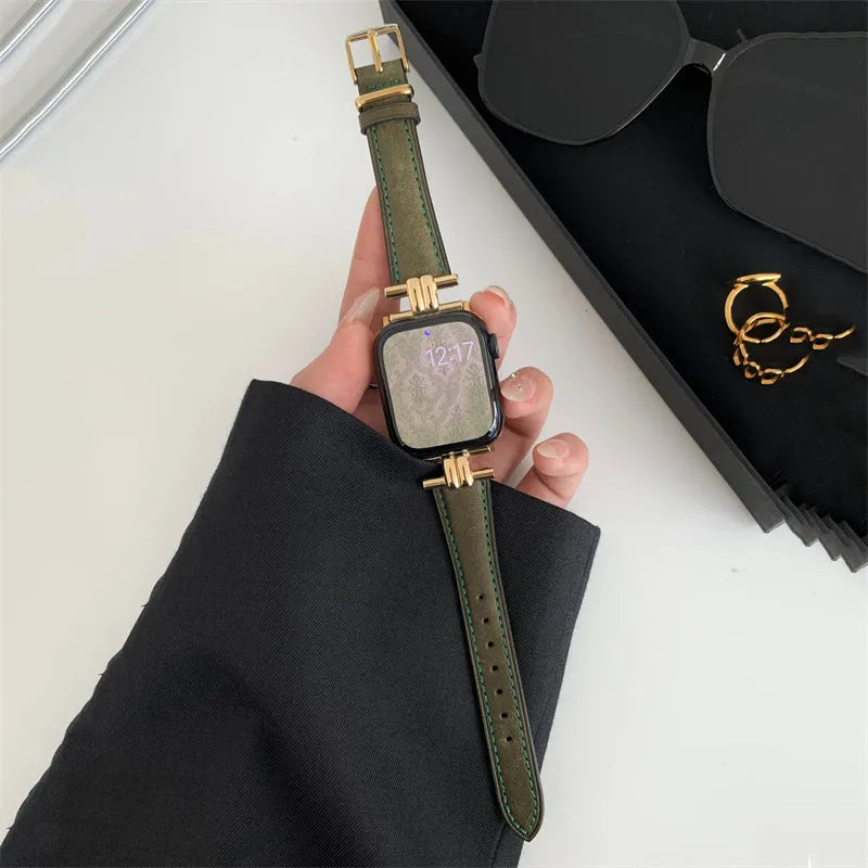 Genuine leather watch strap with metal stitching for Apple Watch, available in multiple colours, fits 38mm to 49mm sizes