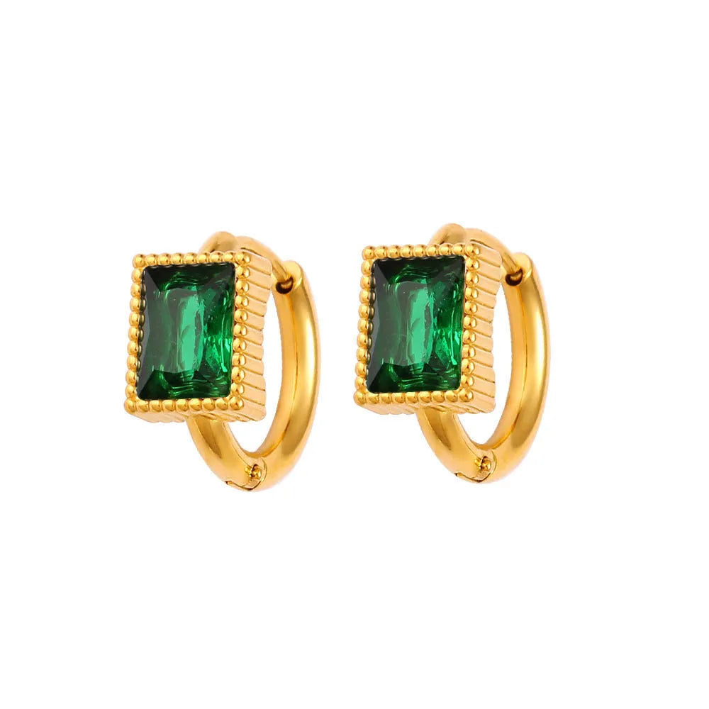 Square zircon geometric earrings in stainless steel with round ring elements