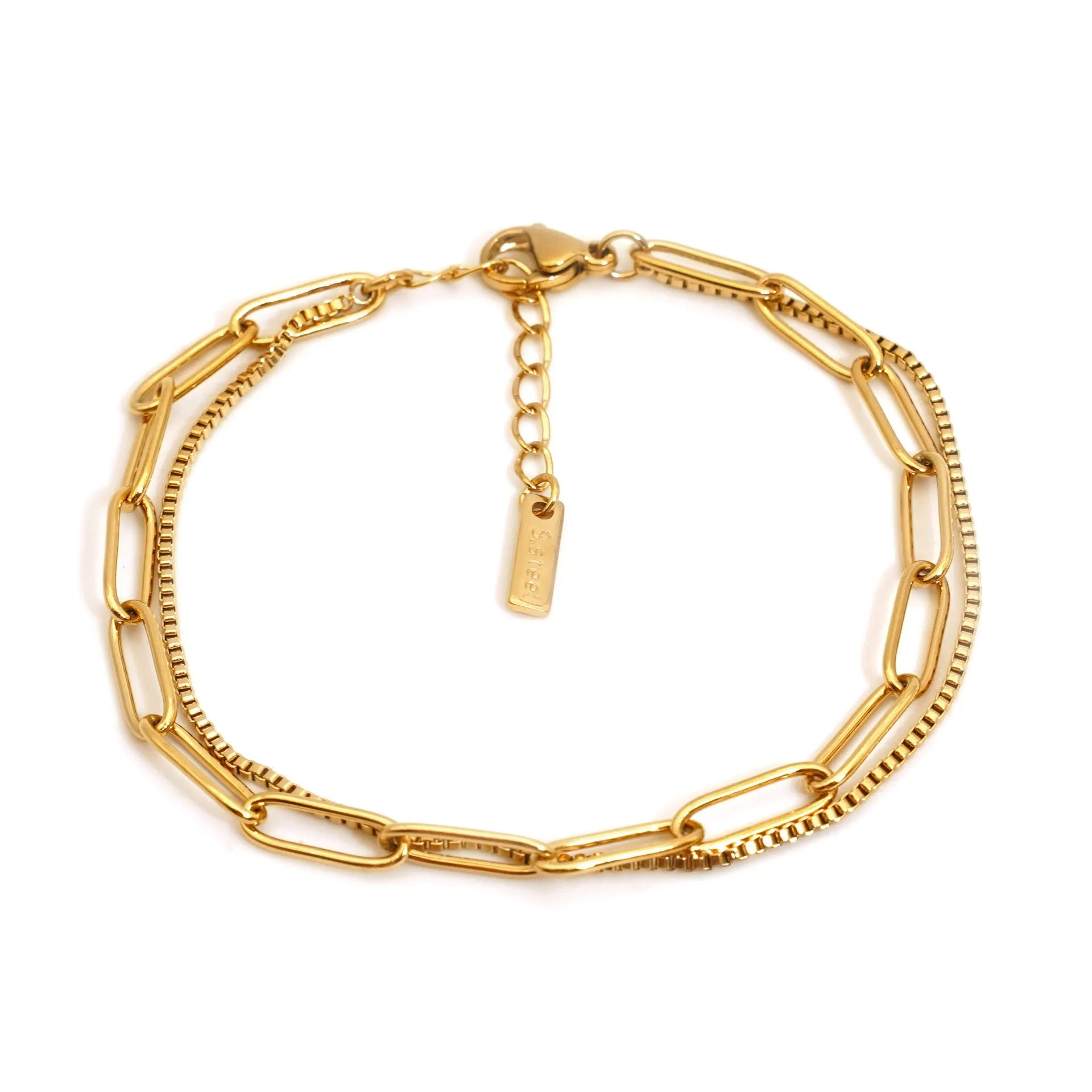 Gold and silver geometric double-layer stainless steel women's bracelet with linear design.