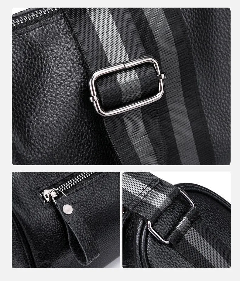 Black genuine leather crossbody shoulder bag showing 24cm height with polyester lining