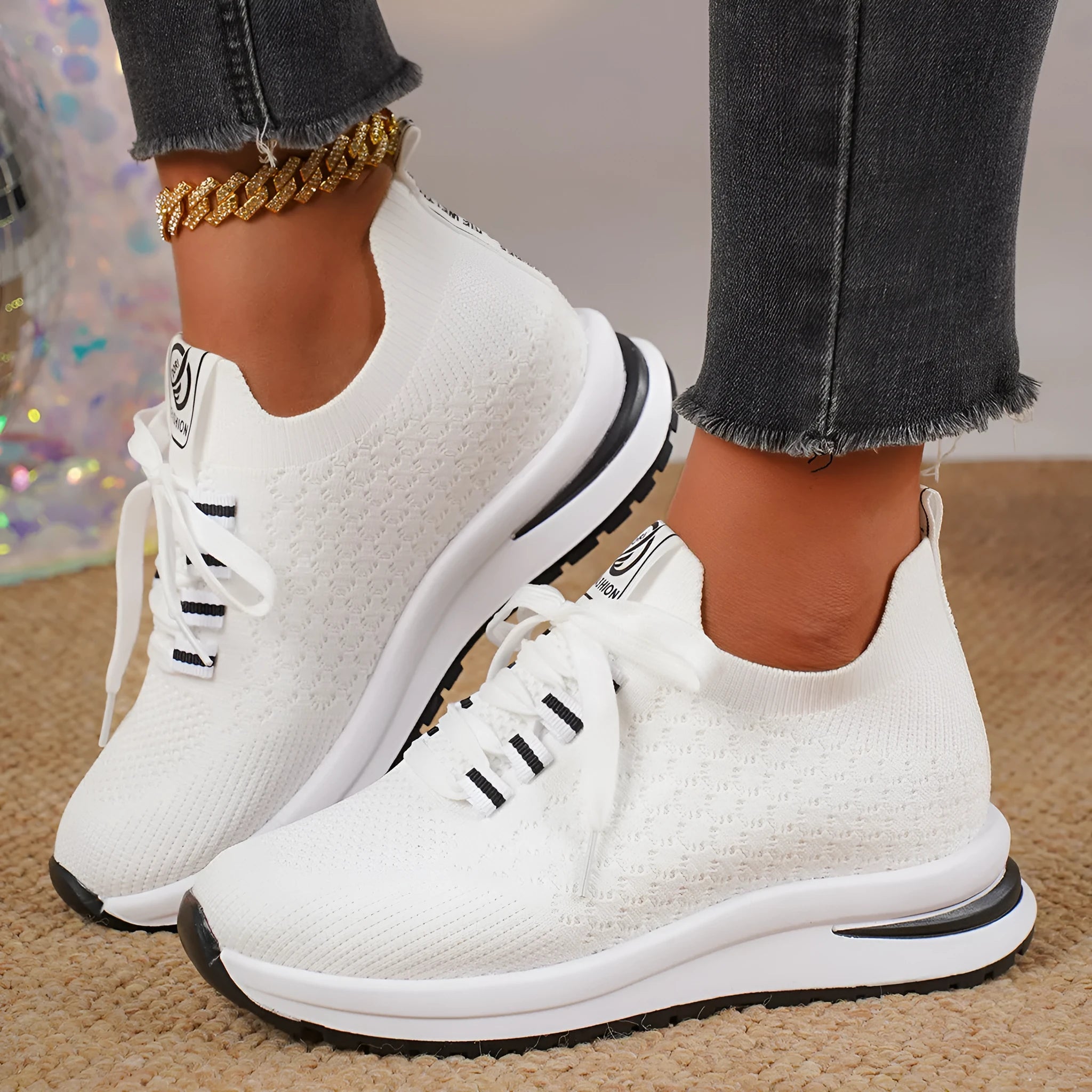 Plus size women's lace up mesh platform flat pumps in black with round toe and rubber sole