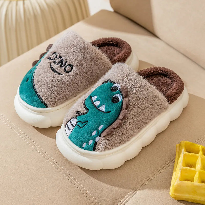 Plush cotton couple slippers with dinosaur print in grey, coffee, or orange colours.