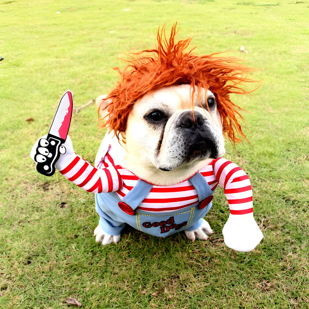 Brown dog wearing a polyester dagger costume with knife design, standing pose, autumn setting