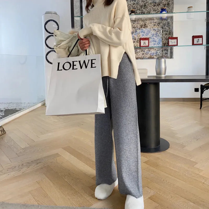 Women's cream white knitted wide-leg trousers with high waist and straight-leg drooping mopping casual style
