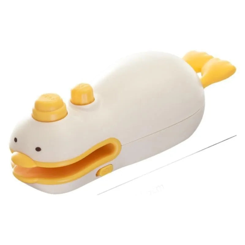 Yellow rechargeable handheld sealing machine with small duck design on animal jacquard casing.