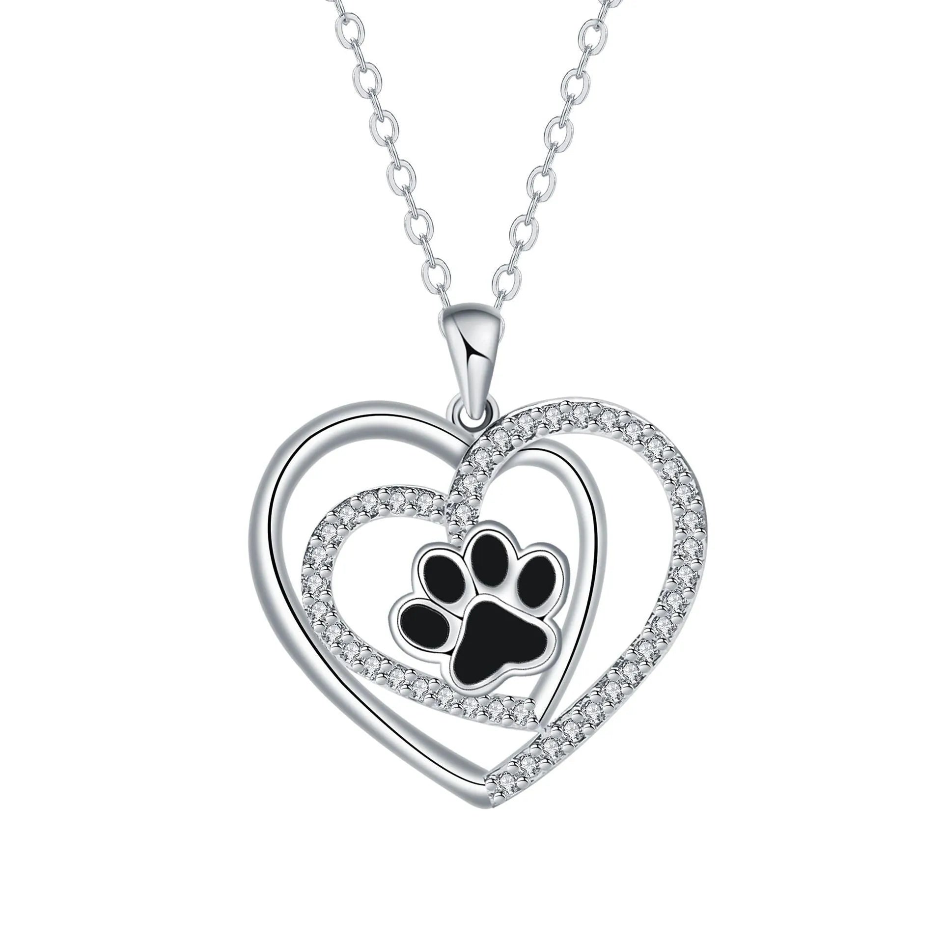 Copper necklace with heart-shaped dog paw pendant on cross chain, electroplated finish