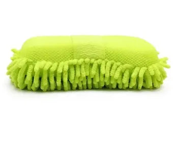 Silvery green car wash sponge measuring 14cm by 25cm with chenille microfiber spiral wool construction