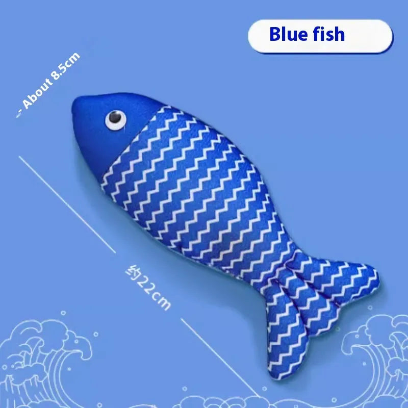 Catnip-filled fabric fish toy in blue, red or yellow available in large, medium and small sizes