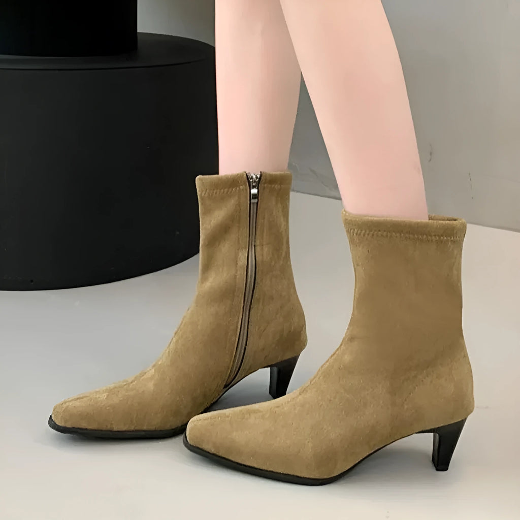 Brown square toe mid-calf boot with a side zip and a kitten stiletto heel on a white background.