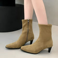 Brown square toe mid-calf boot with a side zip and a kitten stiletto heel on a white background.