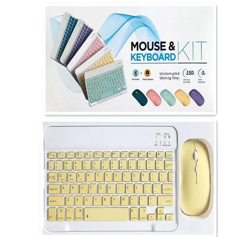 10-inch solid colour Bluetooth keyboard and rechargeable dual-mode mouse set on a desk.