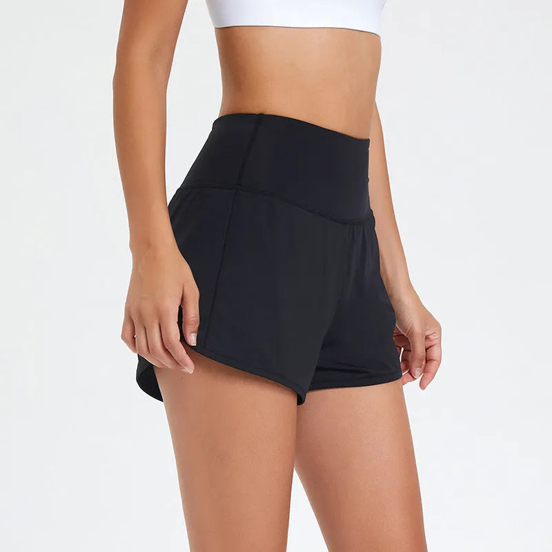 Black high-waisted women's fitness shorts made from quick-drying nylon fabric