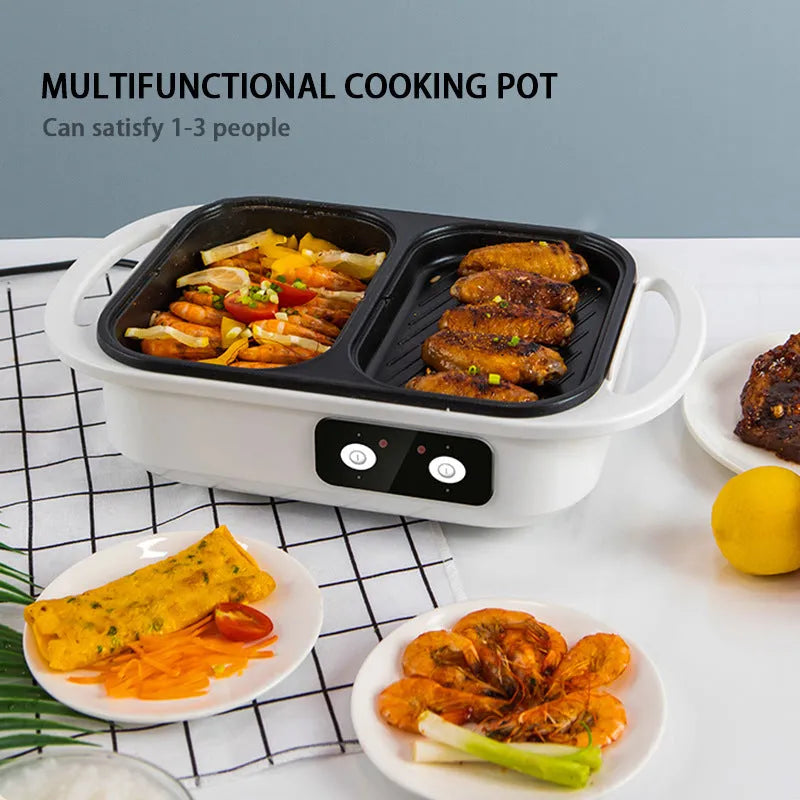 Green and white dual-function electric hot pot with frying pan showing mechanical controls and compact design