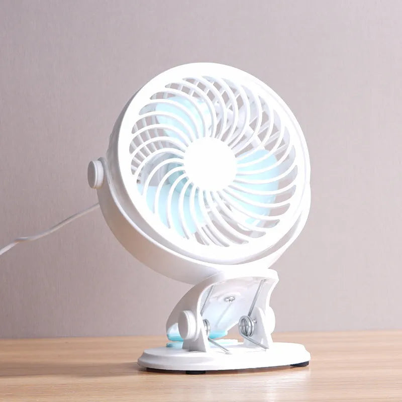 USB-powered portable desk fan with clip mount option and 3 blades for quiet personal cooling