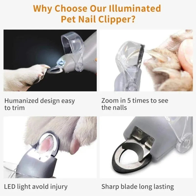 Yellow pet nail clipper for dogs and cats with LED light, magnifying lens, safety guard, and non-slip grip.