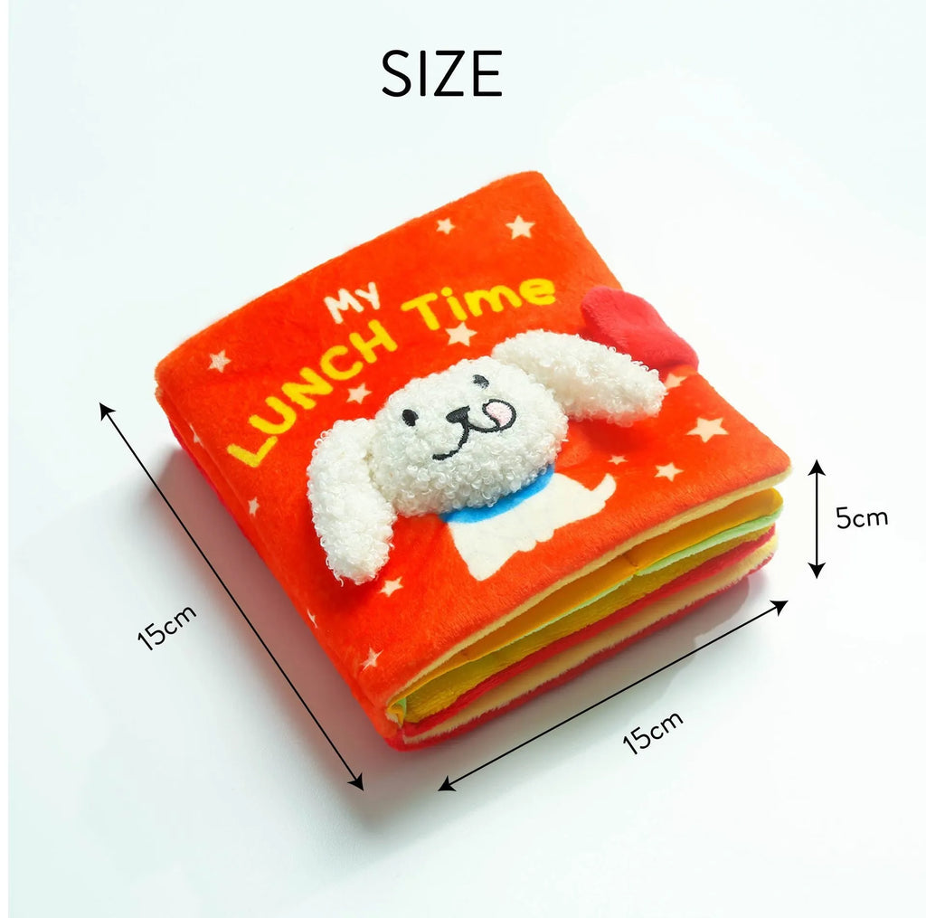 Red book shaped plush pet toy with hidden food compartment and squeaky sound for dogs and cats
