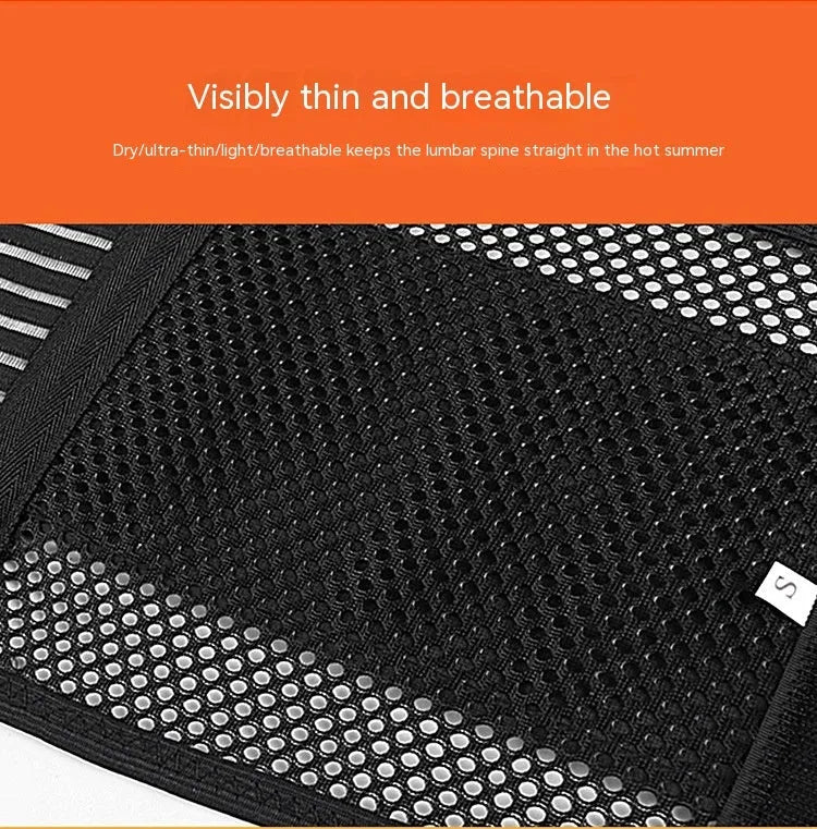 Black breathable sports waist support belt with an internal steel plate for lumbar stabilisation.